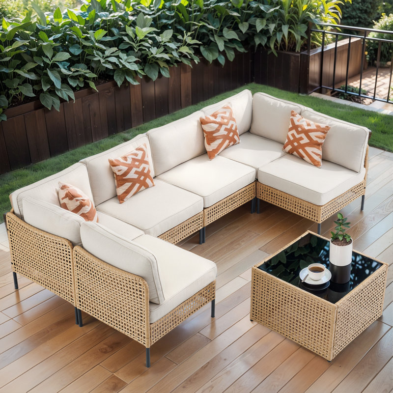 Latitude Run 7 Pieces Outdoor Sectional Wicker Patio Furniture Set Outdoor Modular Combination Sofa With Cushions Glass Table All Weather PE Rattan Patio Sectional Sofa Set For Porch Backyard Garden W...